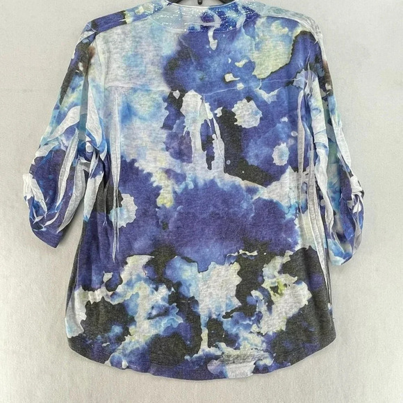 Impulse California Blouse Womens Sz S Blue V-Neck Button Front Roll Tab Sequined - Picture 2 of 8